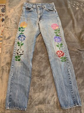 Levi's Light Blue Straight-Leg Jeans with Hand-Painted Multicolor Roses
